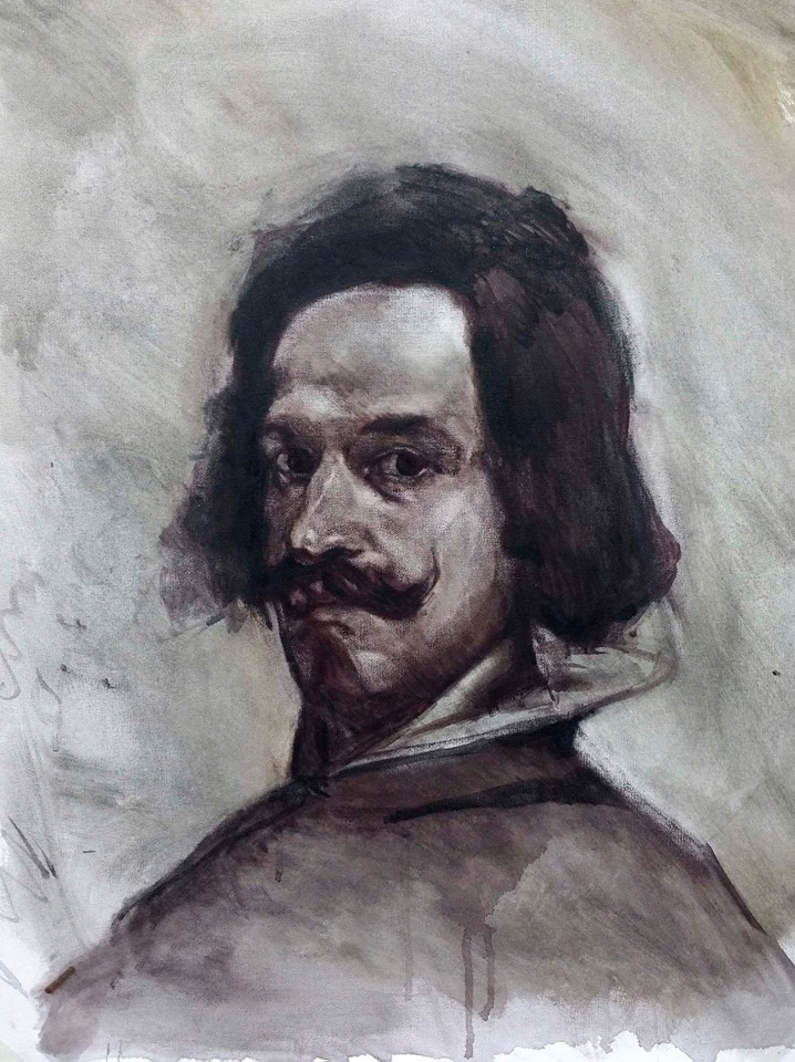 Encaje al óleo de Juan Pedro Amador (1ª fase de la copia del autorretrato de Velázquez)