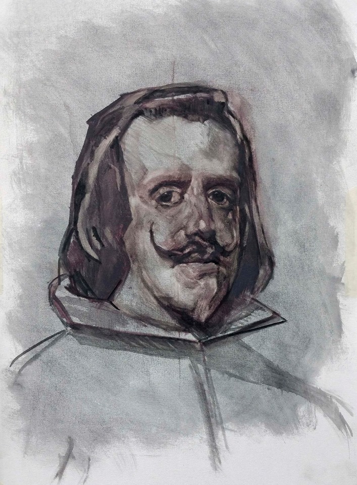 Encaje al óleo de Juan Pedro Amador (1ª fase de la copia del Felipe IV de Velázquez)