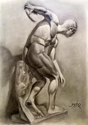 Discóbolo de Mirón. Carboncillo sobre papel Mi-teintes Canson Crema. 70x100 cm.