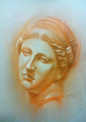 Busto de mujer. Sanguina, sepia y blanco sobre papel Canson Mi-teintes Gris.